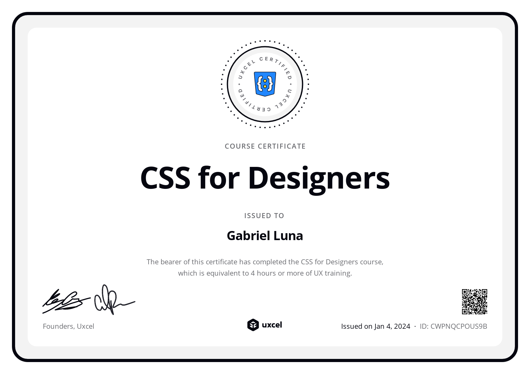 Gabriel Luna's certificate